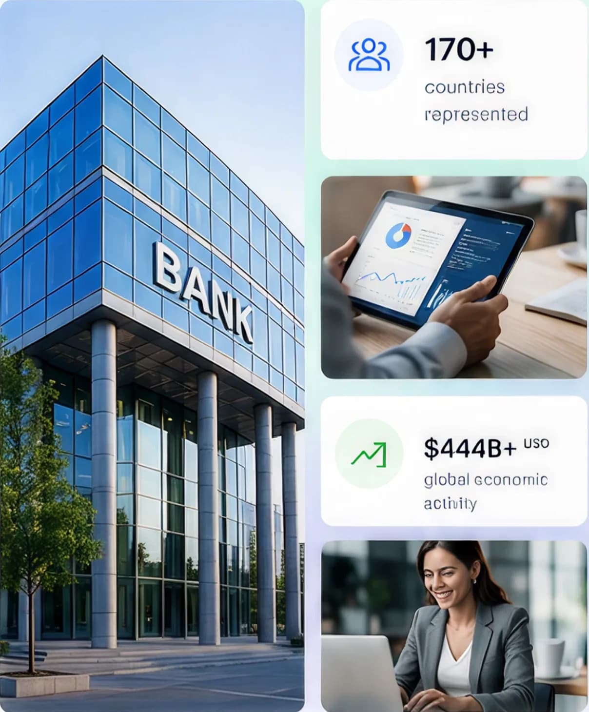 A bank building, beside figures on global reach — 170+ countries represented and $444B+ USD of global economic activity